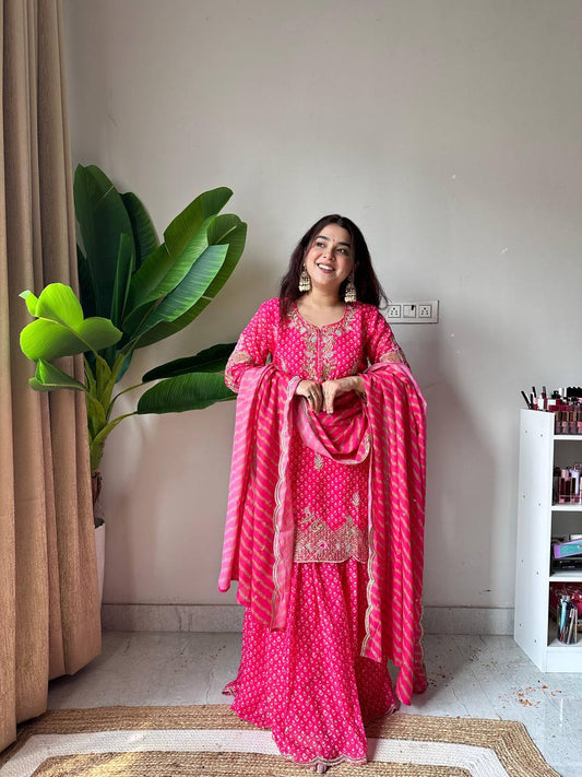 Hot Pink Printed Chinnon Sharara Suit with Embroidered Kurta and Dupatta