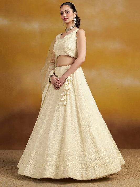 Elegant Off-White Embroidered Lehenga Choli Set with Net Dupatta