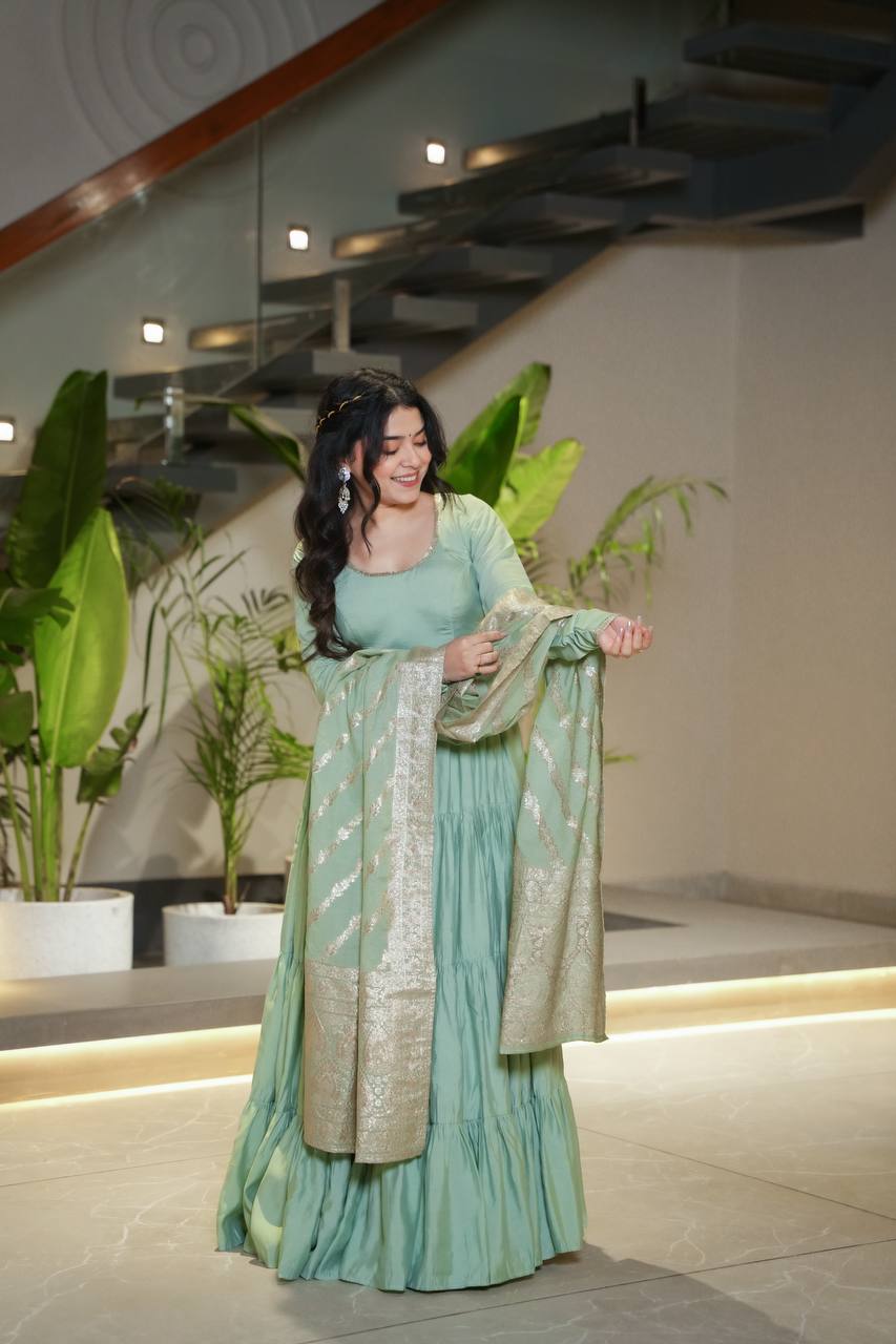 Sage green Anarkali dress with matching Banarasi dupatta