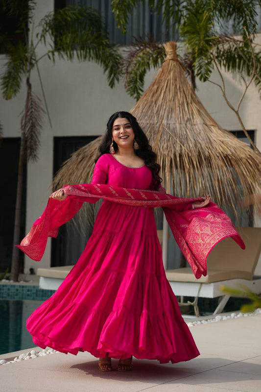 Hot pink Anarkali dress with brocade Banarasi dupatta