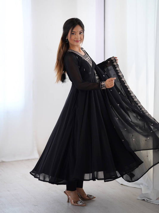 Elegant Black Anarkali Suit with Embroidered Dupatta
