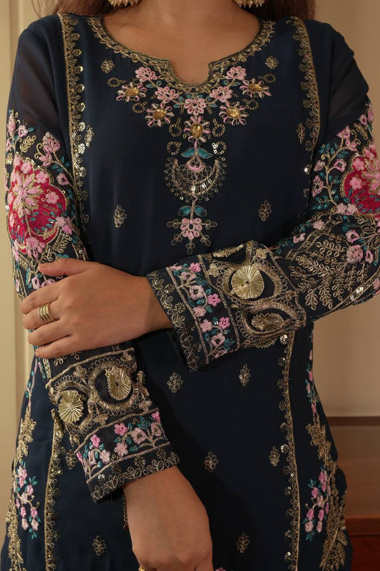 Teal Blue Georgette Embroidered Kurti Palazzo Set with Dupatta