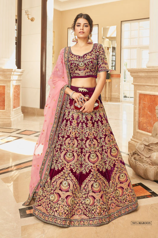 Maroon Embroidered Bridal Lehenga Choli with Pink Dupatta