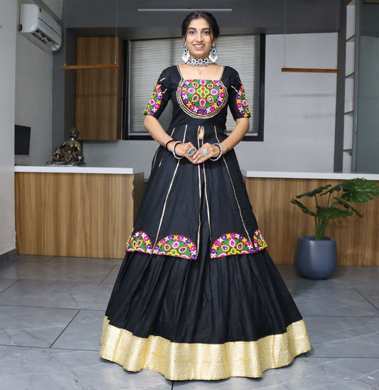 Black multi colored embroidered navratri kurti lehenga set