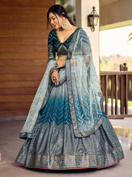 Elegant Teal Blue Sequin thread Work Lehenga Choli for Bridal & Party Wear