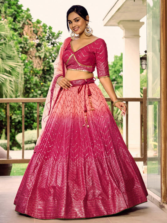 Hot Pink Sequin Embroidered Lehenga Choli with Net Dupatta