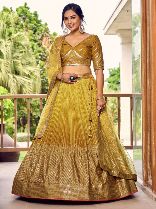 Mustard Gold Ombre Lehenga Choli with Sequin Work and Net Dupatta