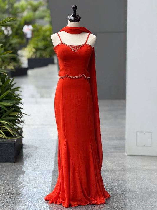 Rust Red Georgette Fish Cut Lehenga Set with Diamond Work Blouse & Dupatta