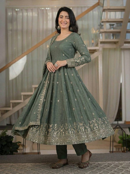 Sage Green Anarkali Suit with Golden Embroidery, Matching Pants & Dupatta