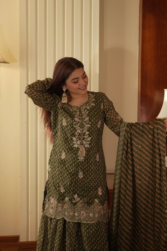 Olive Green Printed Chinnon Sharara Suit with Embroidered Kurta and Dupatta
