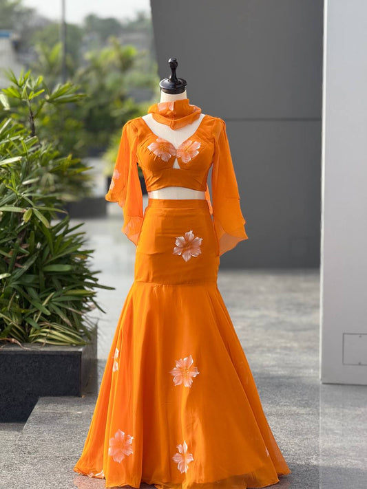 Orange Georgette Fish Cut Lehenga Set with Floral Handpaint Work & Ruffle Sleeve Blouse