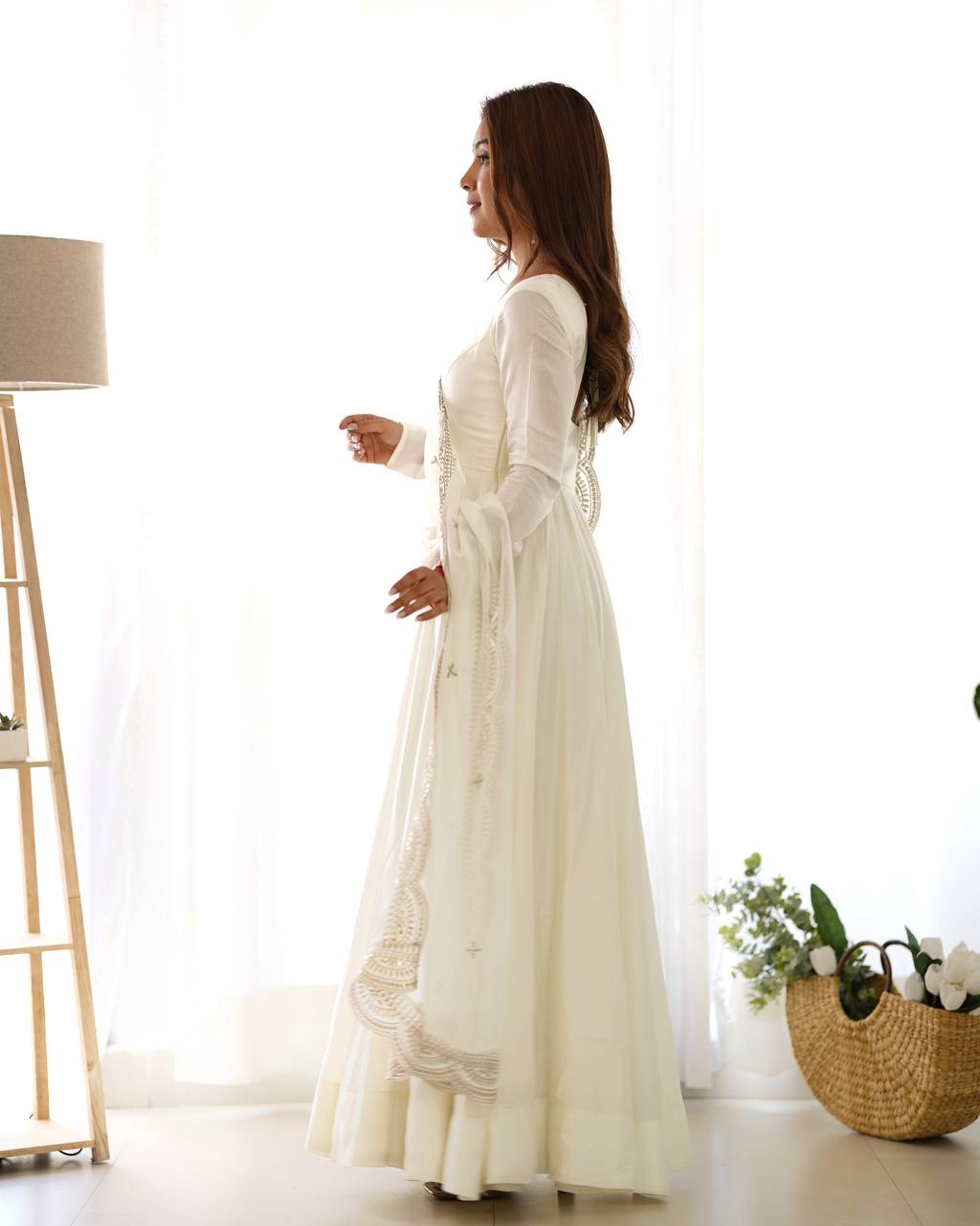 Plain Off white Anarkali with embroidered dupatta