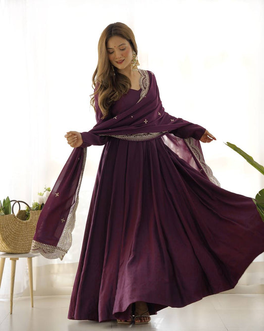 Wine Plain Anarkali with embroidered dupatta