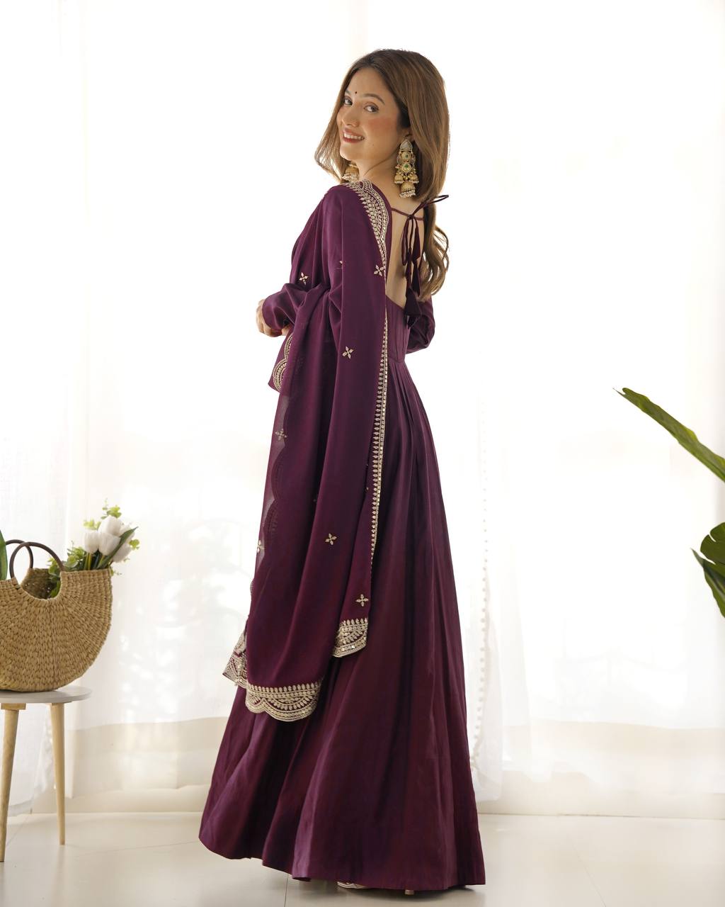 Wine Plain Anarkali with embroidered dupatta