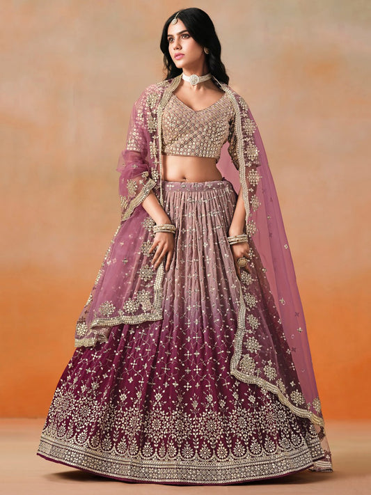 Wine Zari Georgette Embroidered Lehenga Choli with Net Dupatta