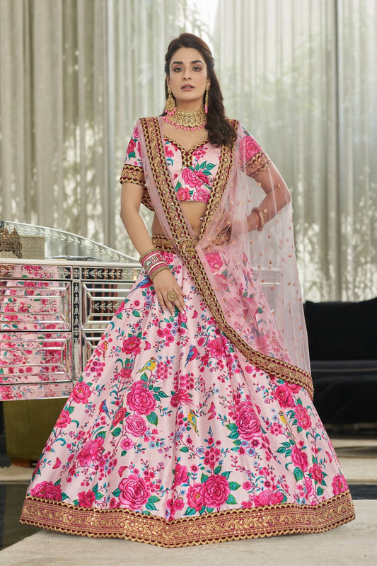 Pastel Pink Floral Printed Lehenga Choli with Net Dupatta