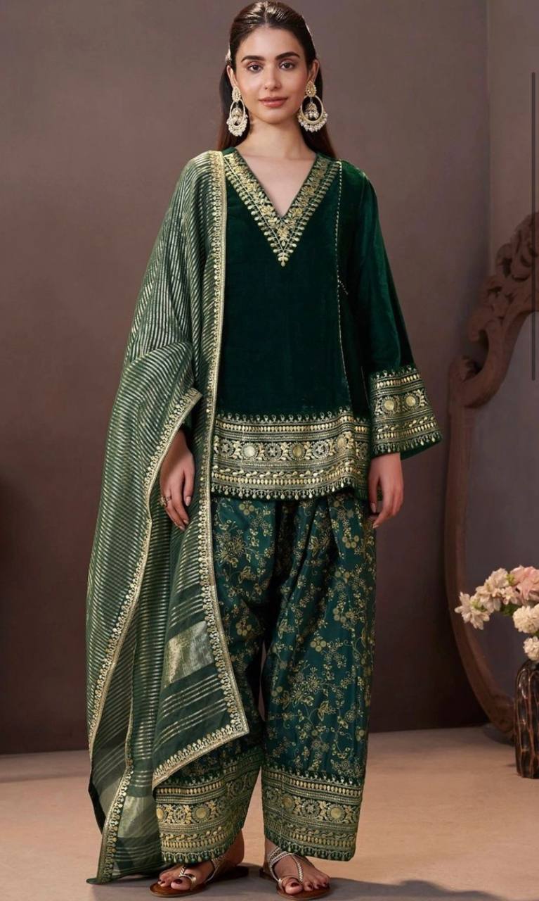 Emerald Green Velvet Punjabi Suit with Heavy Golden Embroidery, Matching Pants & Dupatta