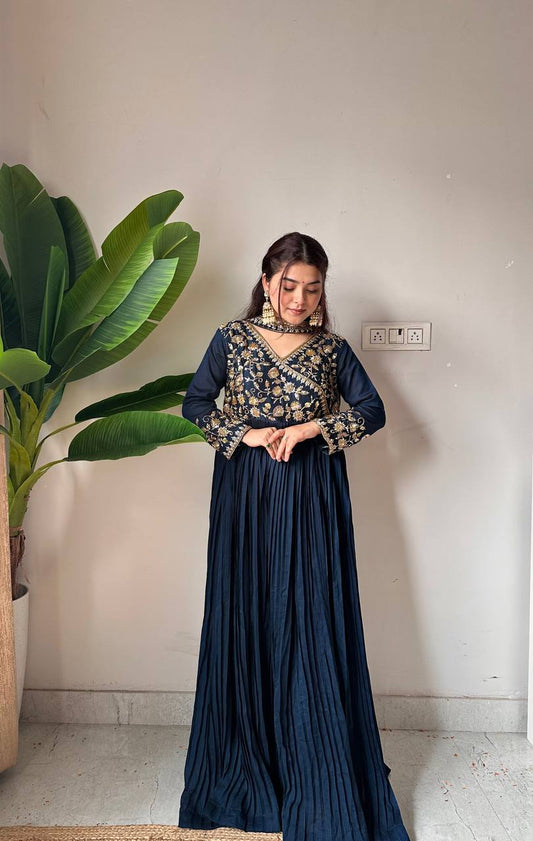 Navy Blue Vichitra Silk floor-length Anarkali with beads and sequence embroidery
