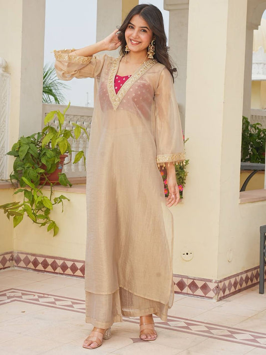 Beige Golden Tissue Embroidered Kurta Palazzo Set with Sequence Work Designer Blouse