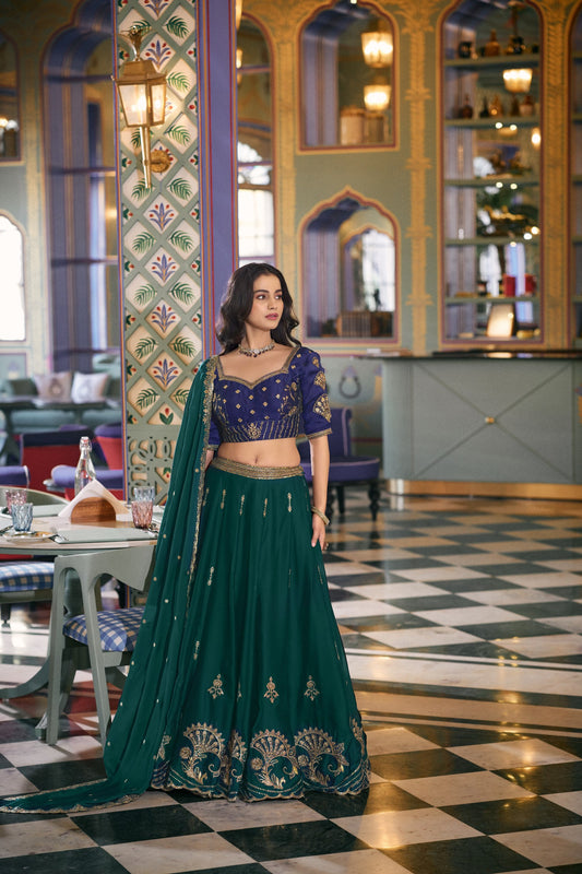 Sparkling Green Thread Embroidery Silk Evening Wear Lehenga Choli