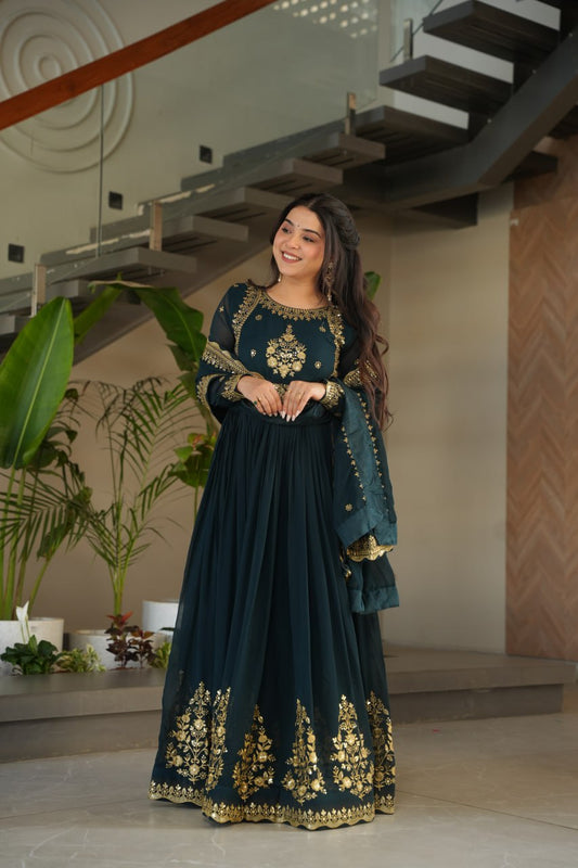 dark teal green anarkali suit with golden embroidery and dupatta