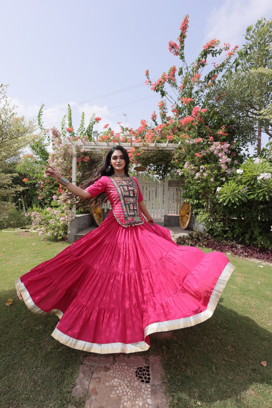 Pink Kora Cotton Lehenga Choli with Kutchi Gamthi Patchwork Blouse For Navratri