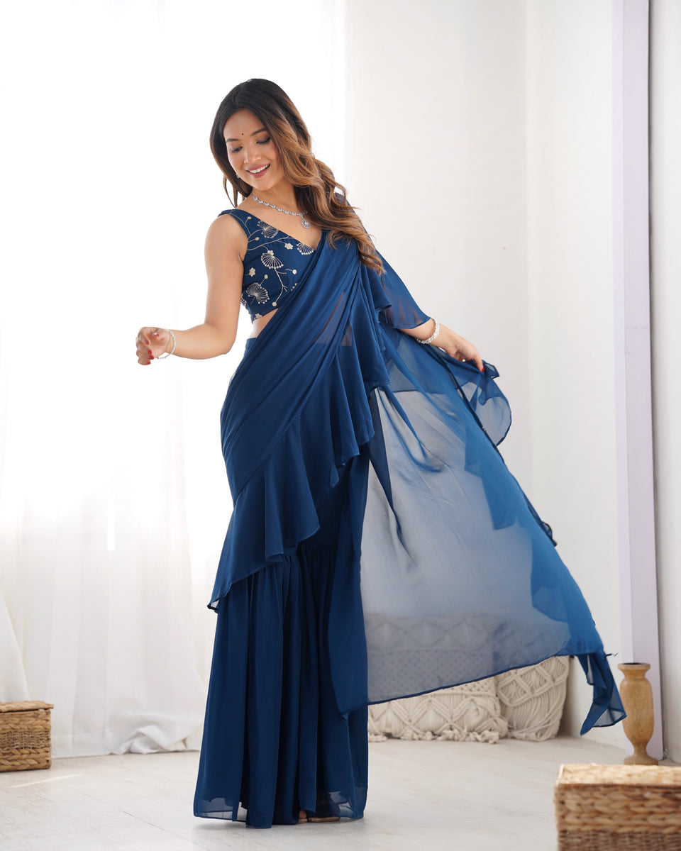 Navy Blue Rapron Drape Saree