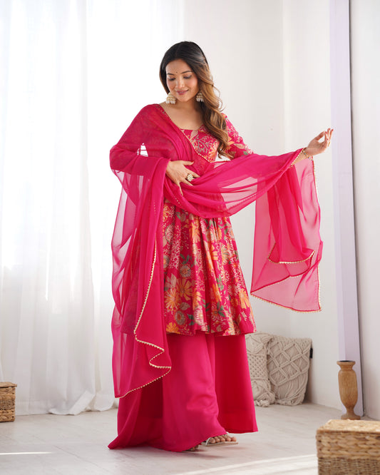 Rani Pink Kediya Style Kurti Palazzo Set with Organza Dupatta