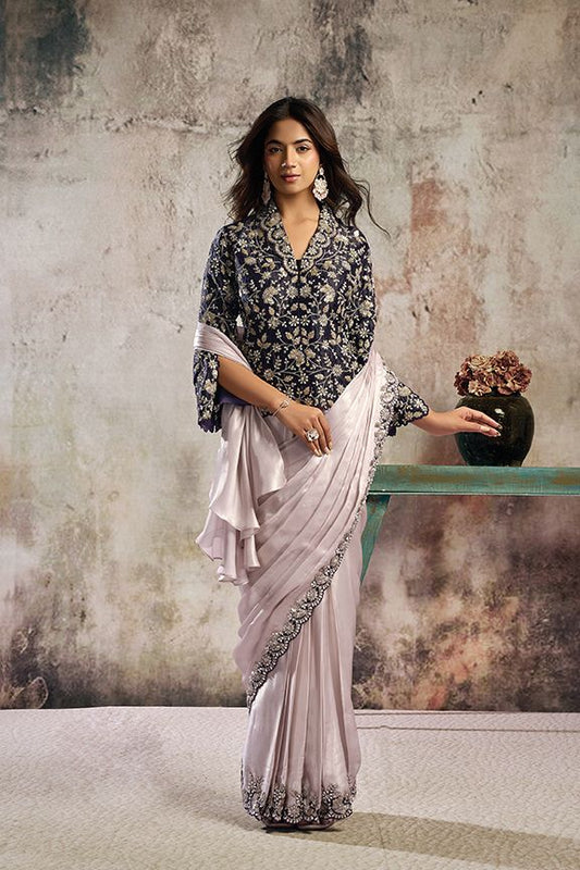 Metallic Glossy Ready to Wear Satin Saree with Embroidered Blazer Style Blouse & Belt