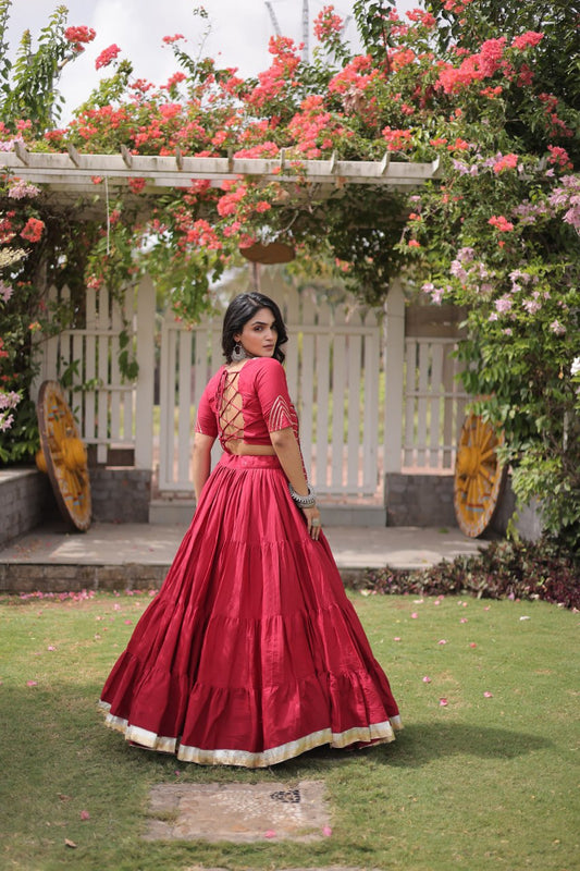 Red Kora Cotton Lehenga Choli with Kutchi Gamthi Patchwork Blouse For Navratri