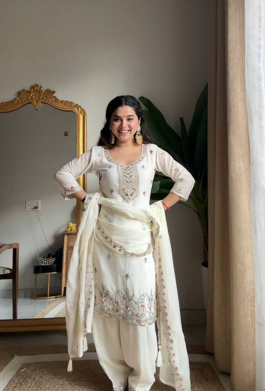 Ivory White Chinnon Embroidered Salwar Suit with Dupatta