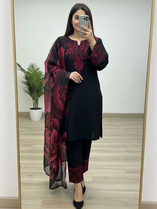 Rayon Cotton Black Embroidered Kurti Pant Set with Printed Organza Dupatta