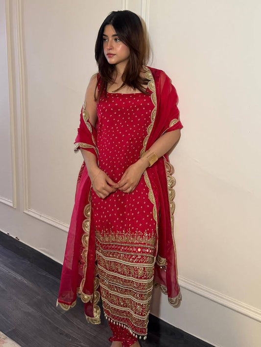 Red Bandhani Faux Georgette Suit with Pearl Moti & Real Mirror Handwork