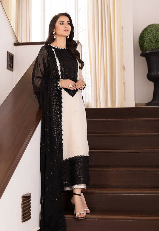 Elegant Embroidered Black & White Designer Kurti Set with Dupatta
