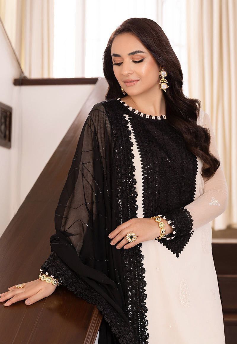 Elegant Embroidered Black & White Designer Kurti Set with Dupatta