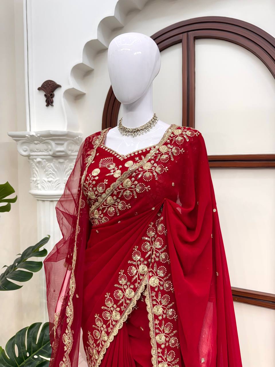 Deep Red Bridal Saree with Heavy Golden Embroidery & Matching Sheer Dupatta
