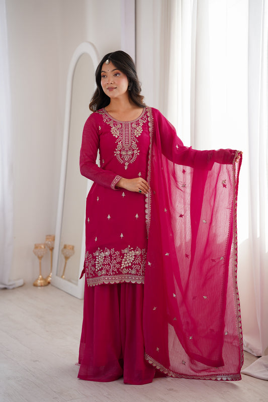 Rani Pink Crunchy Silk Sharara Suit with Multicolor Embroidery & Lace Dupatta