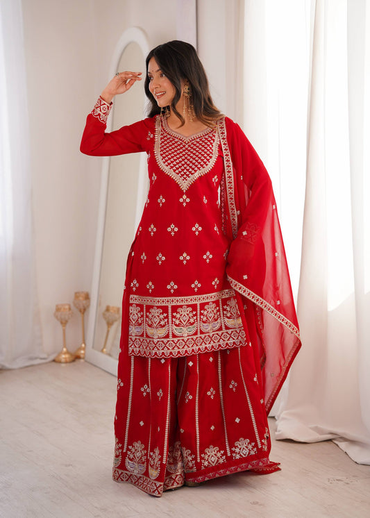 Red Pure Georgette Sharara Suit with Heavy Embroidery, Zari & Sequin Work Dupatta