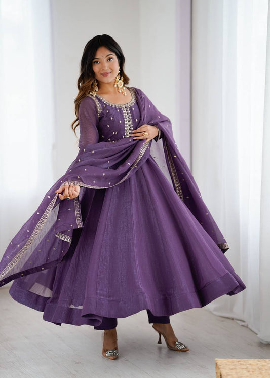 Elegant Purple Crunchy Silk Anarkali Gown with Sequins & Zari Embroidery