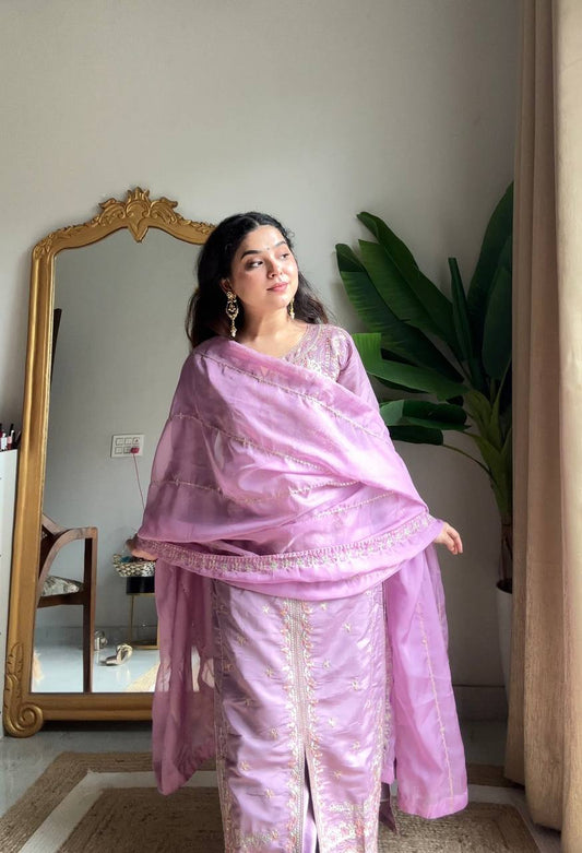 Lavender Silk Embroidered Straight Kurta with Dupatta