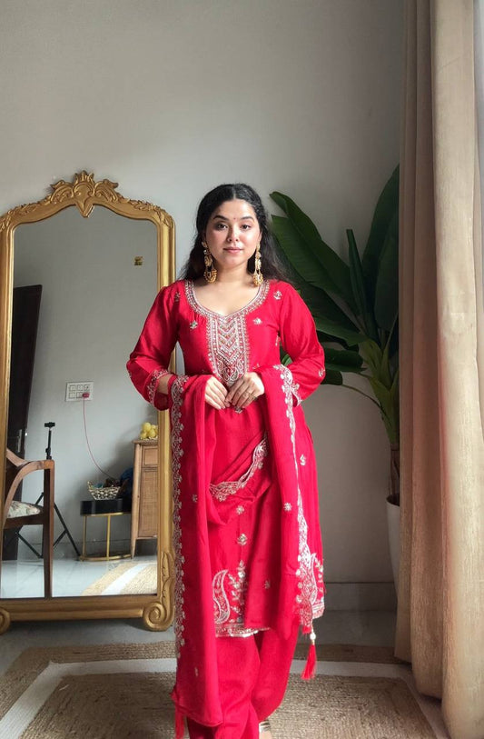 Red Embroidered Straight Salwar Suit with Dupatta