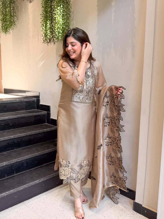 Beige Mul Chanderi Embroidered Kurti Pant Set with Dupatta