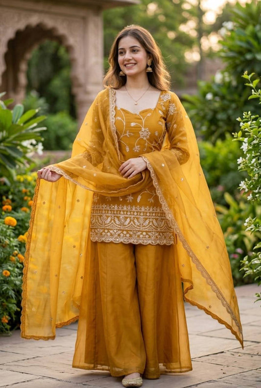 Mustard Yellow Embroidered Kurti Plazzo Set with Dupatta