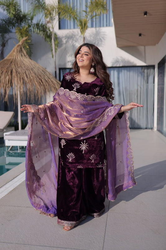 Wine Purple Ice Velvet Embroidered Kurta Palazzo Suit with Designer Dupatta