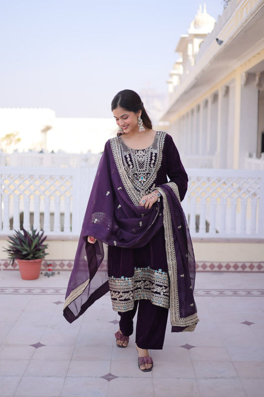 Wine Purple Velvet Embroidered Anarkali Suit with Dupatta for Weddings & Festive Wear