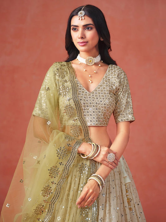 Light Yellow Heavy Zari Embroidered Georgette Lehenga Choli