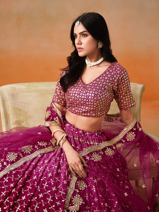 Red Pink Zari Georgette Embroidered Lehenga Choli with Dupatta