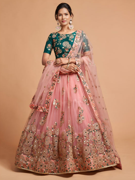Blush Pink Net Lehenga Choli with Mirror Work & Embroidered Dupatta