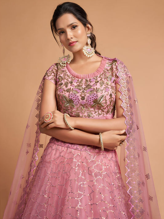 Dusty Pink Sequins Embroidered Lehenga Choli with Net Dupatta