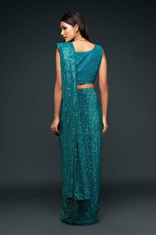 Teal Blue Sequin Saree for Party & Evening Wear